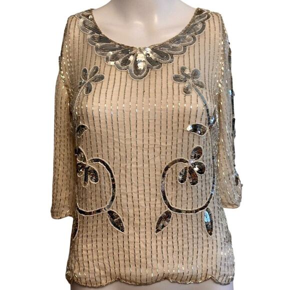 Vintage 60s Ivory Sequin Floral Beaded Silk Top Sz M 3/4 Sleeve Scalloped Beaded - Picture 11 of 16